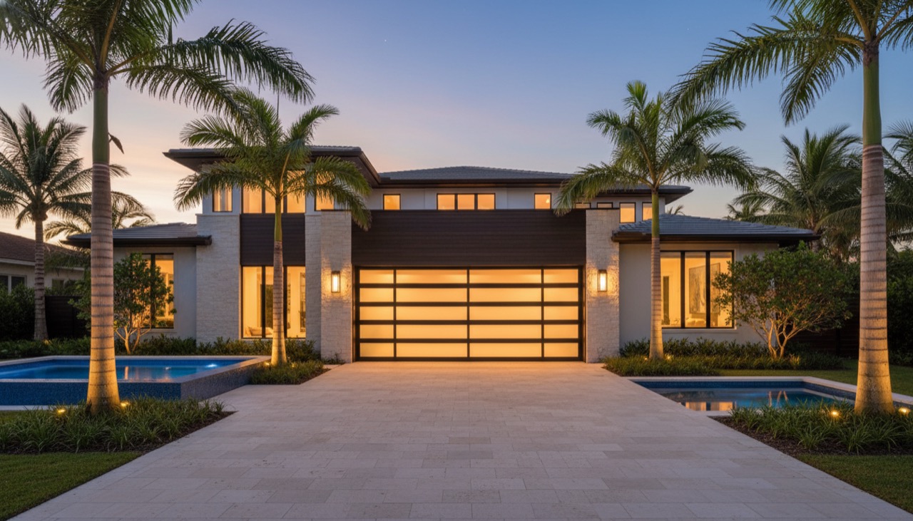 Full-view aluminum and glass garage door glowing at dusk on a modern Naples home