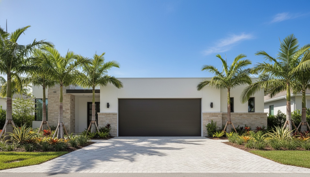 Modern dark-bronze flush-panel garage door on a contemporary Cape Coral home