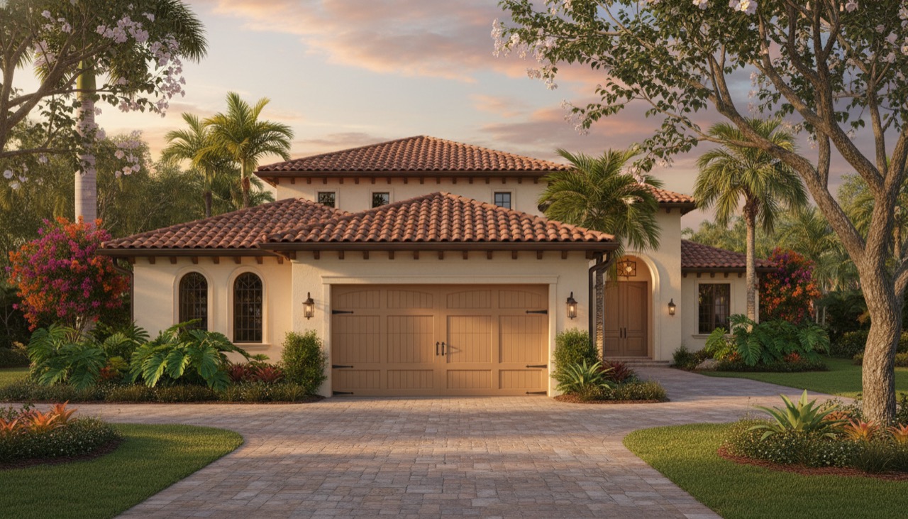 Raised-panel carriage-house garage door on a Mediterranean Fort Myers home